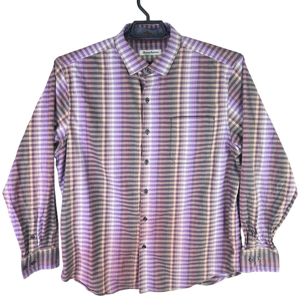 Mens Tommy Bahama Purple & Brown Plaid Button Up Shirt Silk Blend Long Sleeve L